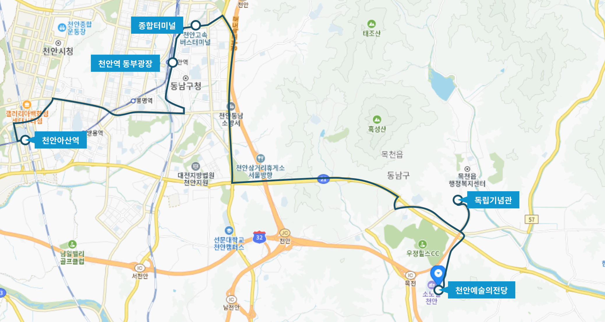 815번 버스 노선도 천안아산역-천안역동부광장-종합터미널-독립기념관-천안예술의전당